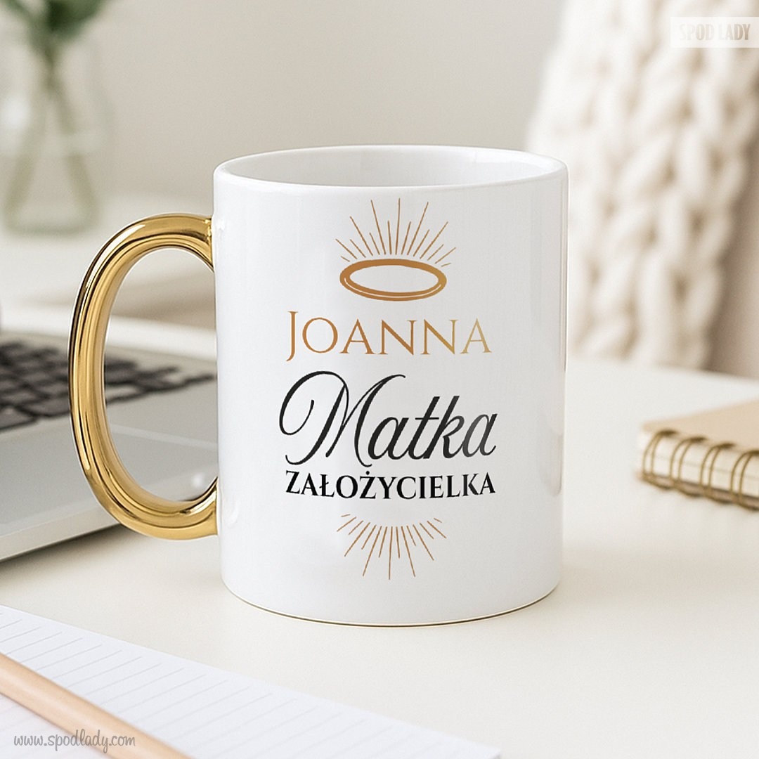 Zestaw z personalizowanym kubkiem dla Matki Założycielki - Kubek bok zlote ucho